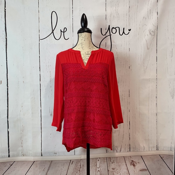 Zac & Rachel Tops - Zac + Rachel Red Woven Lace Front Blouse Medium